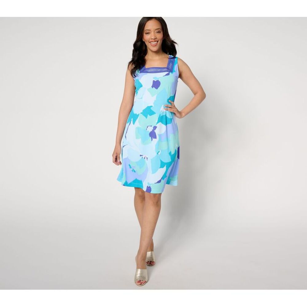 Bernini Women's Dress Sz L Printed Pebble Knit Square Neck Blue A647702
